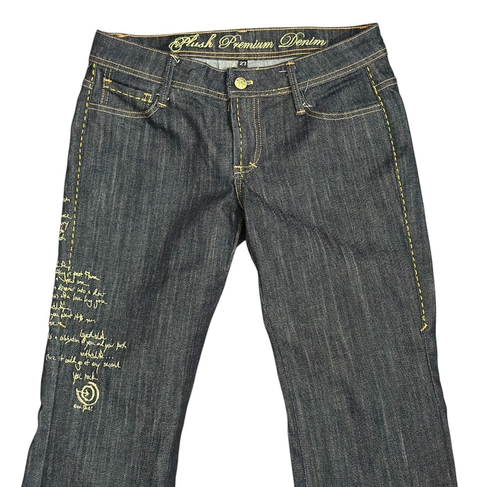 Plush Premium Denim Y2K Script Embroidered Bootcut Jeans Dark Wash Cuffed SZ 27 - Picture 3 of 7